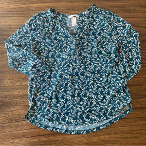 H&M Green  Floral Foliage 3/4 Length Sleeve Top size XS